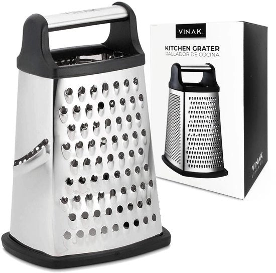 Raspante per cucina in acciaio inossidabile grande con 4 facce: Largo + Lungo + Fine + Zester | Con manico ergonomico e base antiscivolo in gomma | Per il raspo di tutti i tipi di alimenti
