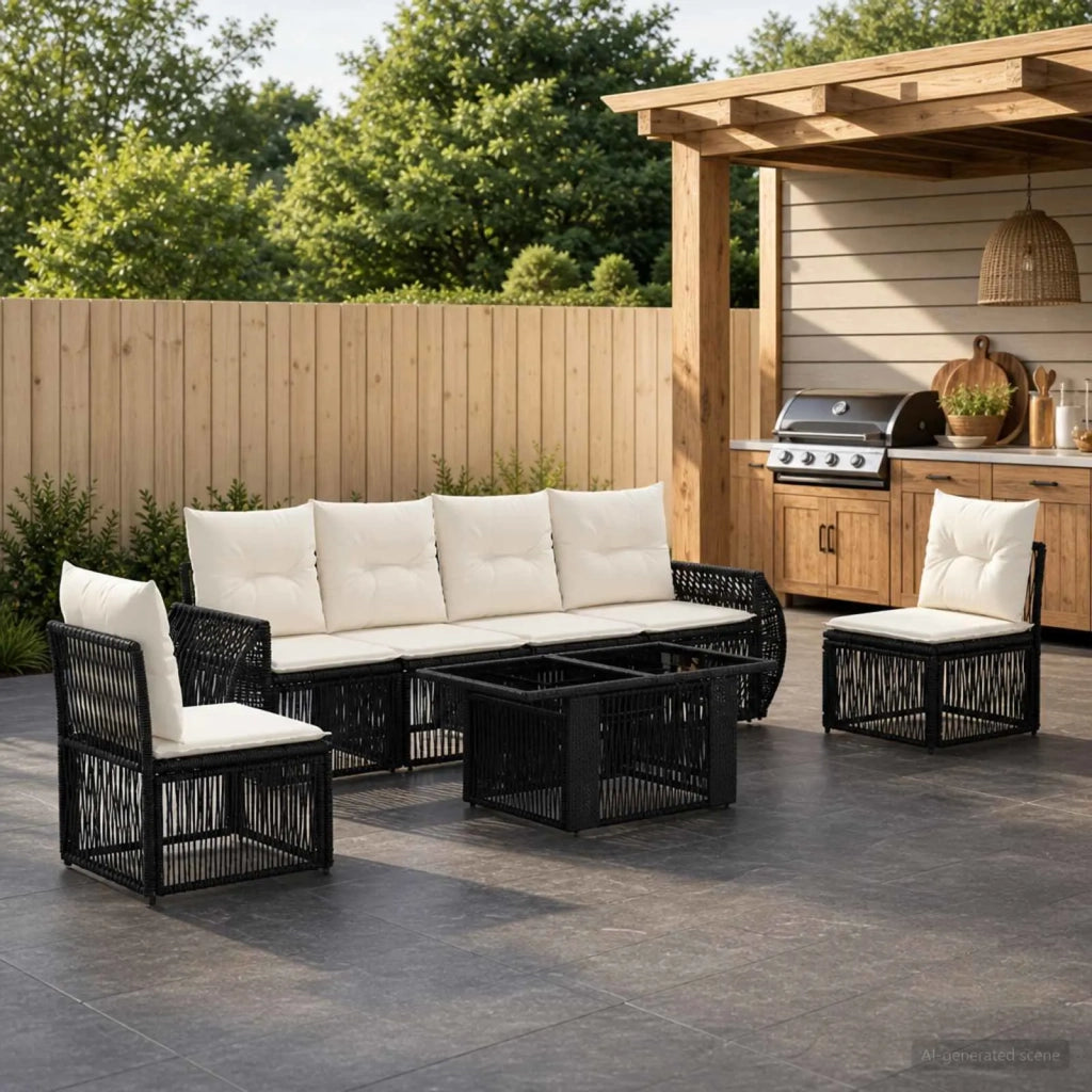 Set Divano da Giardino 7 pz Nero e Bianco Crema polyrattan 3436924