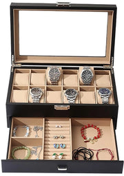 Organizzatore orologio per 12 orologi, 2 strati, organizzatore orologio a doppia altezza, spazio doppio per anelli, orecchini, ecc., regalo, marrone