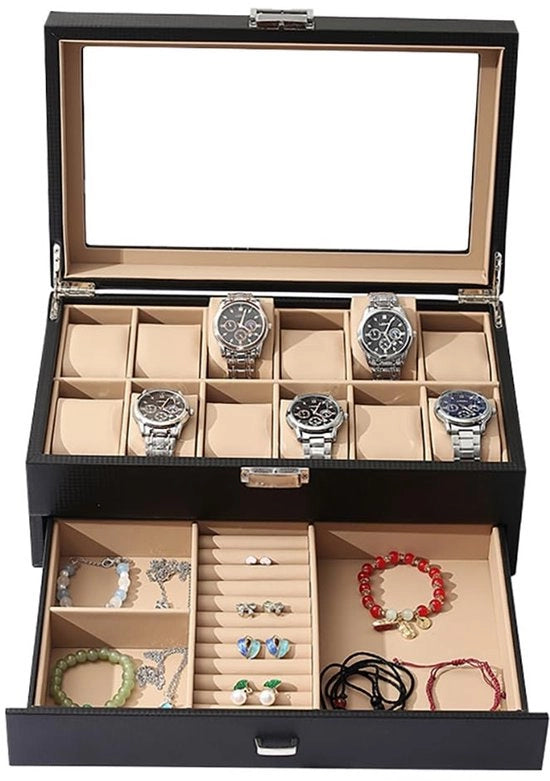 Organizzatore orologio per 12 orologi, 2 strati, organizzatore orologio a doppia altezza, spazio doppio per anelli, orecchini, ecc., regalo, marrone