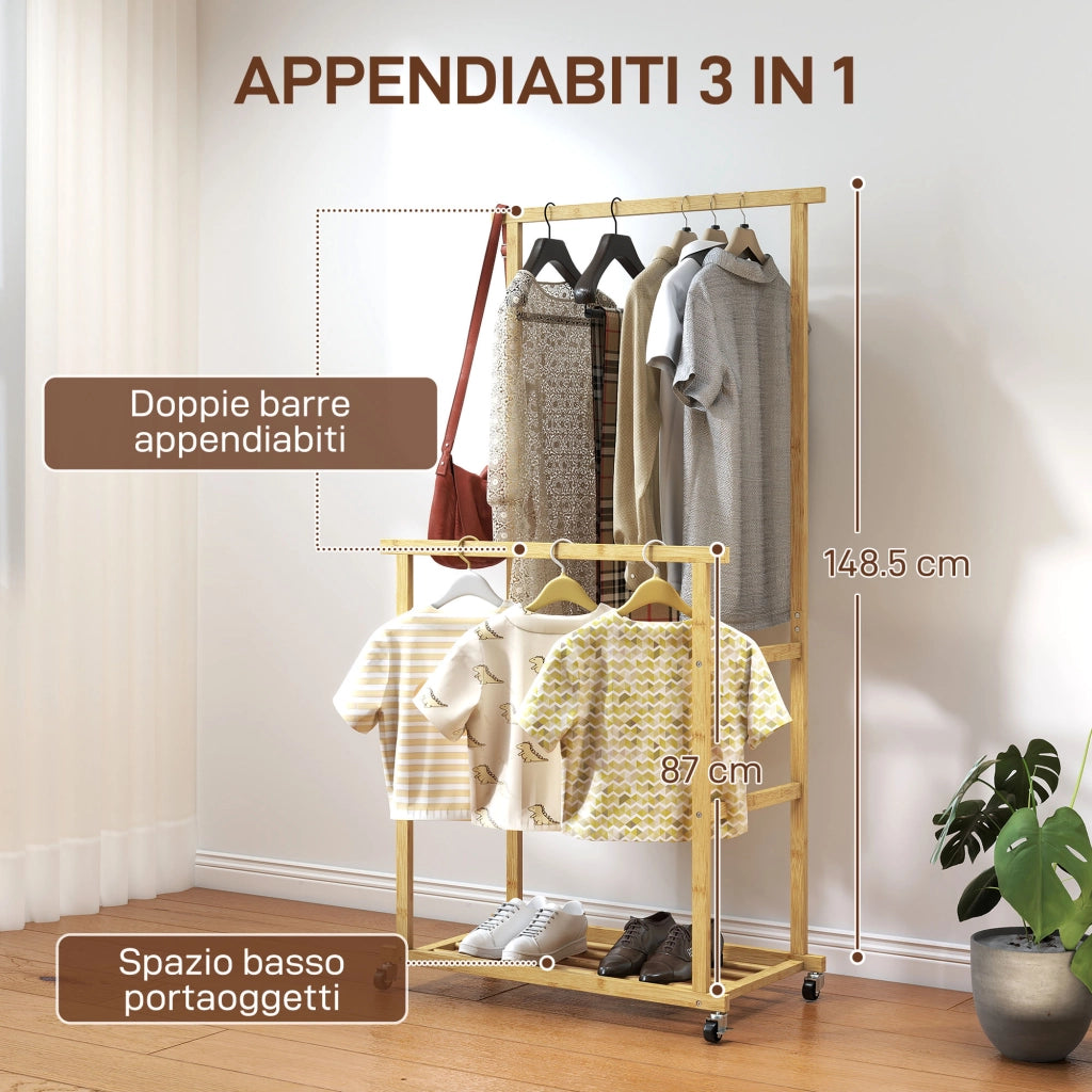 Appendiabiti con Ripiano e 4 Ruote in Bamb¨´ ¨C zephmum ¨C Legno Naturale 80x40x160 cm