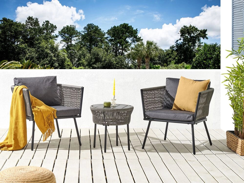 Set bistrot grigio PE Rattan Cuscini staccabili Tavolino da caffè Giardino esterno