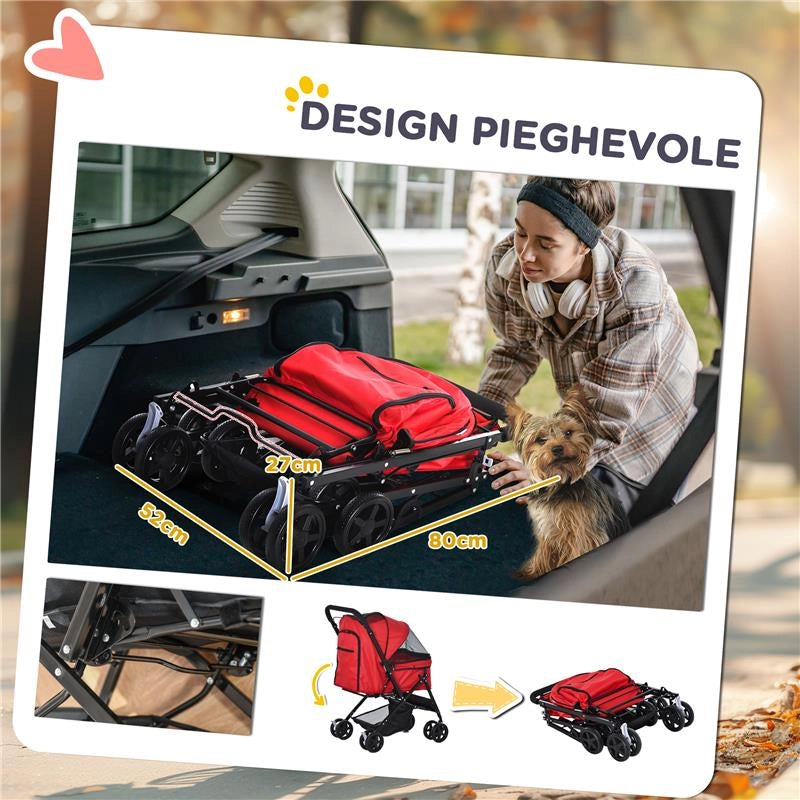 PASSEGGINO PER CANI PICCOLI PIEGHEVOLE CON MANIGLIONE GIREVOLE E RUOTE CON FRENI, 76.5X52X95CM, ROSSO