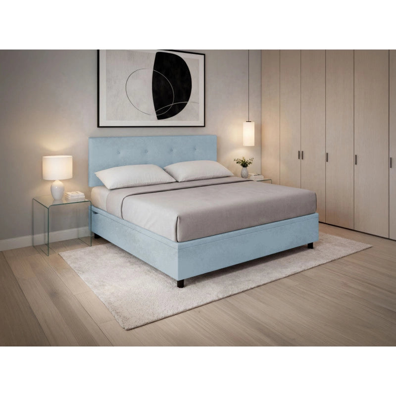 Letto imbottito Matrimoniale 160x200 cm Button - Contenitore,Microfibra,Azzurro