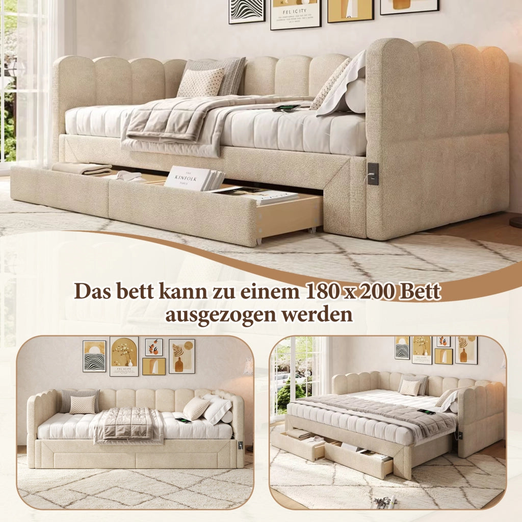 Letto imbottito - Xylo - 90x200 - Beige - 2 cassetti USB