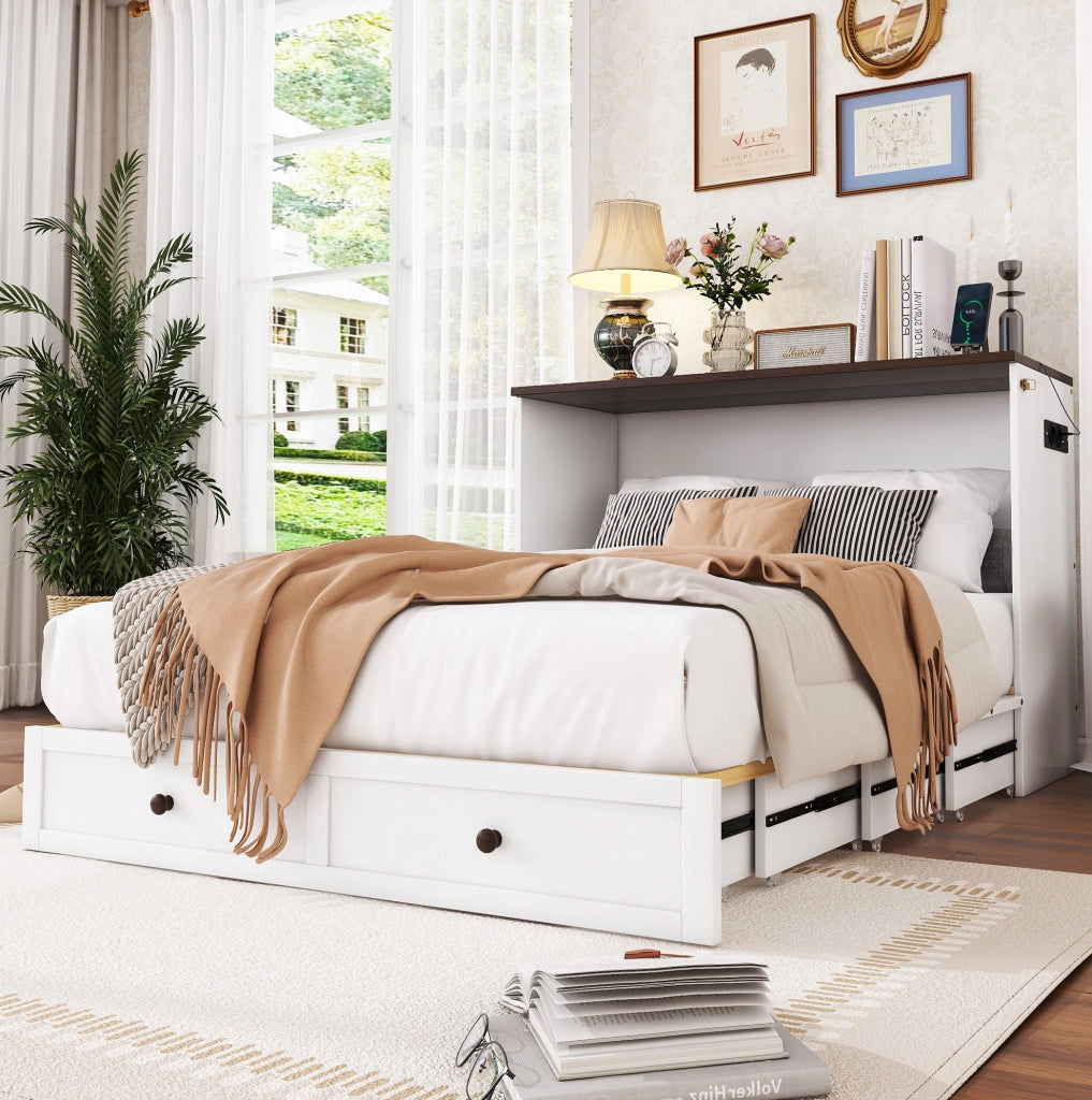 Letto a scomparsa 140x200 cm trasformabile con cassetti e USB in legno e MDF bianco