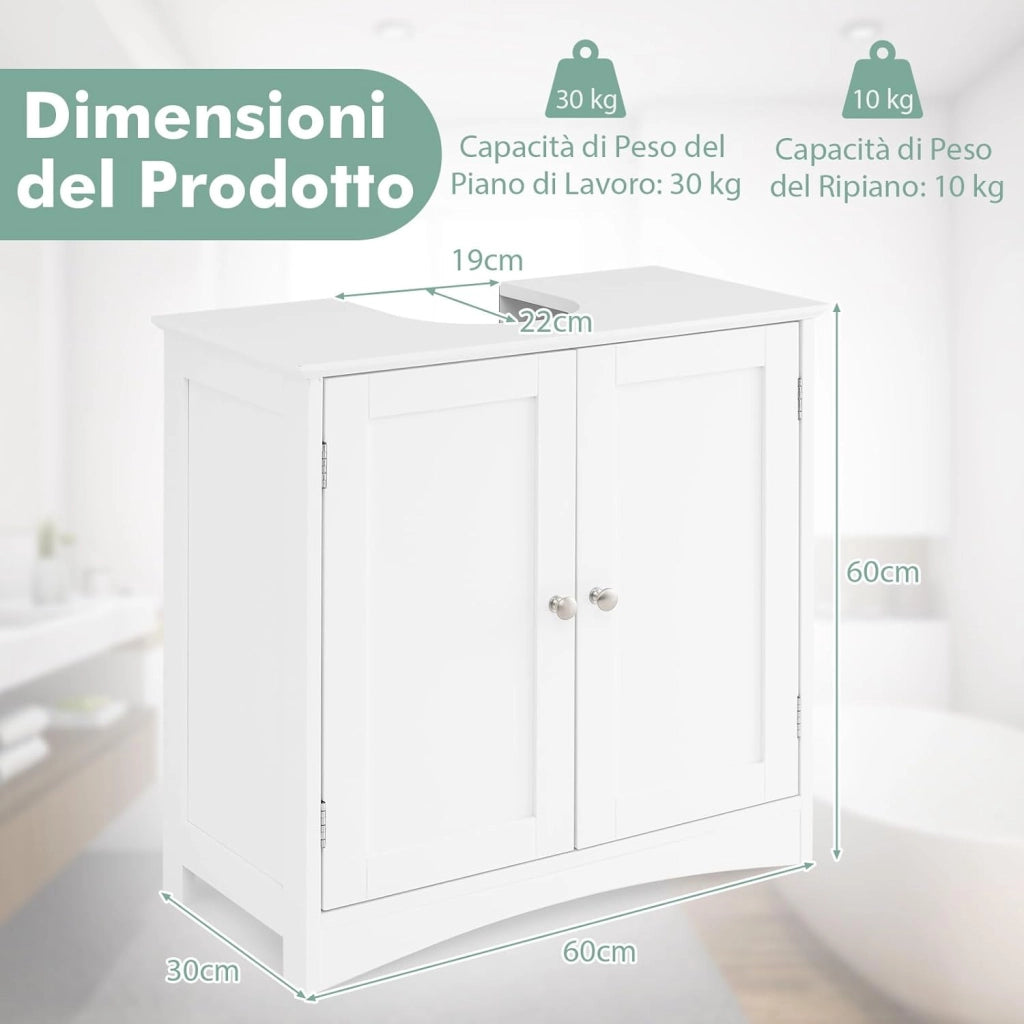 Mobile Sottolavabo per Bagno, Armadietto a Terra con 2 Ante, Ripiano e Taglio a U 22 x 19cm, Organizzatore Moderno e Salvaspazio per Prodotti da Toeletta e Asciugamani, Bianco