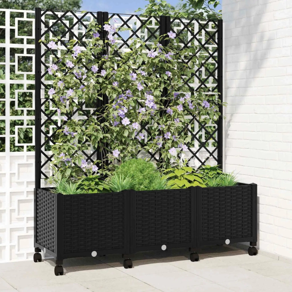 Vaso da giardino con grigliato e ruote Nero 120 x 40 x 146 cm 3423057