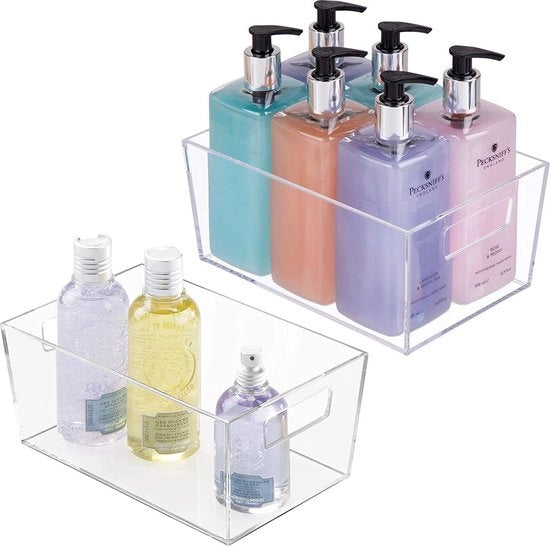 Set di 2 scatole di conservazione con maniglie integrate, scatola di conservazione trasparente con design attraente, ideale per il conservare prodotti per la cura personale nella zona bagno, trasparente