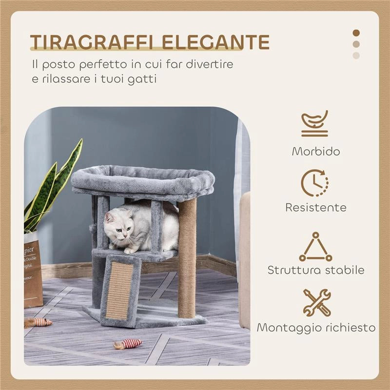 ALBERO PER GATTI CON CASETTA PER GATTI E LETTINO IN PELUCHE, TIRAGRAFFI IN JUTA E PALLINA, GRIGIO