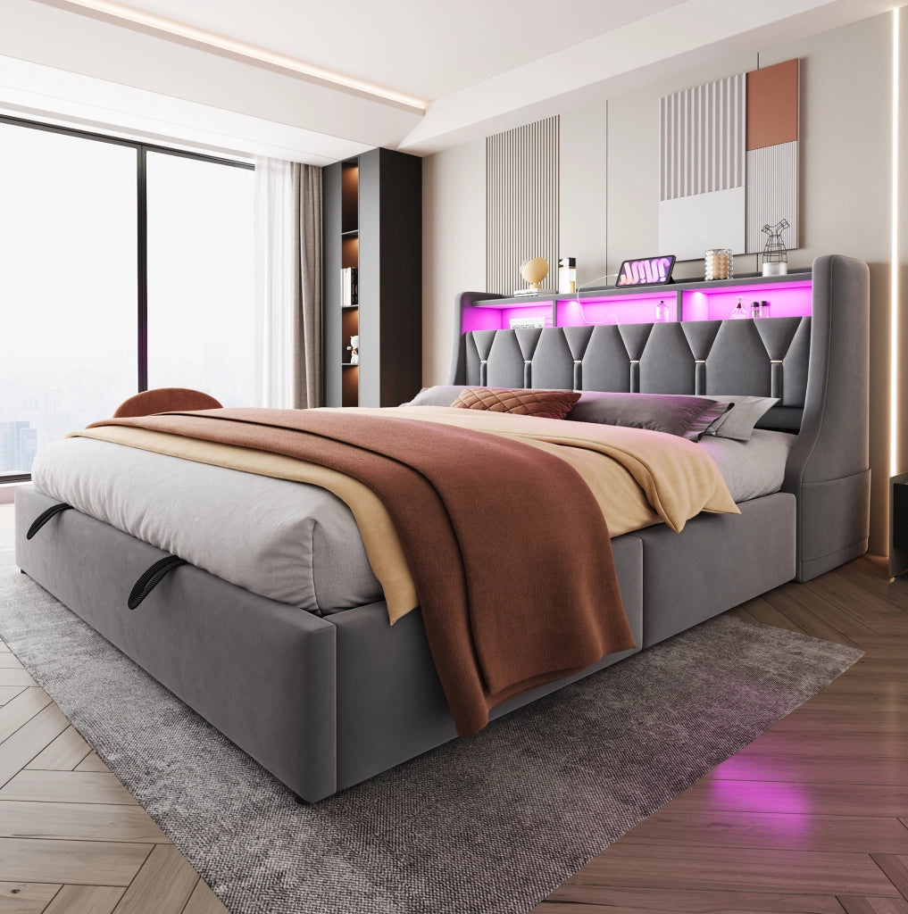 Letto matrimoniale imbottito 180x200 cm in velluto grigio con contenitore; LED e prese