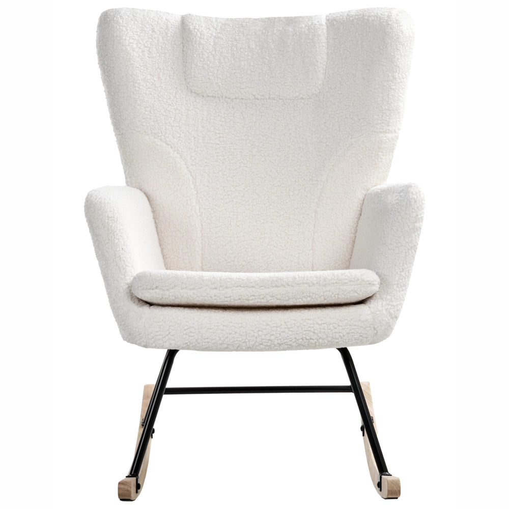 Sedia a dondolo Tessuto bouclé bianco Rivestimento in legno Gambe Pattini Nursery Soggiorno Cottage Scandinavo