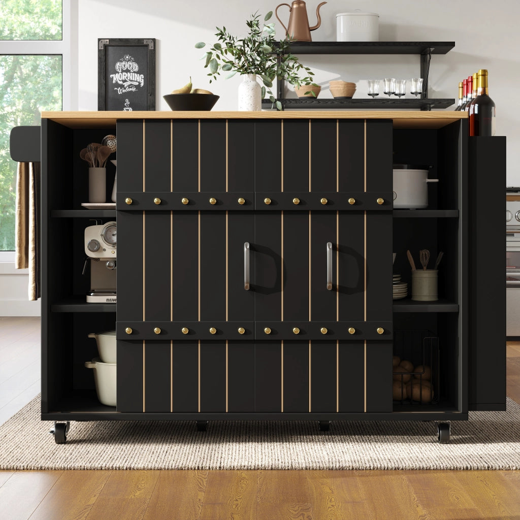 Carrello da Cucina con 3 Cassetti; 2 Ante Scorrevoli; Ripiani Regolabili; Portasciugamani e Ruote; in MDF; Nero; 110 x 42 x 90 cm