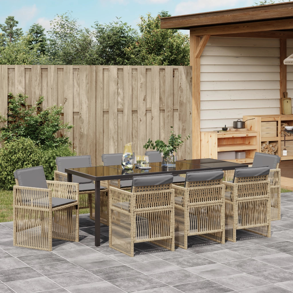 Set da Pranzo da Giardino  9 Pezzi con Cuscini Beige in Rattan Polietilene
