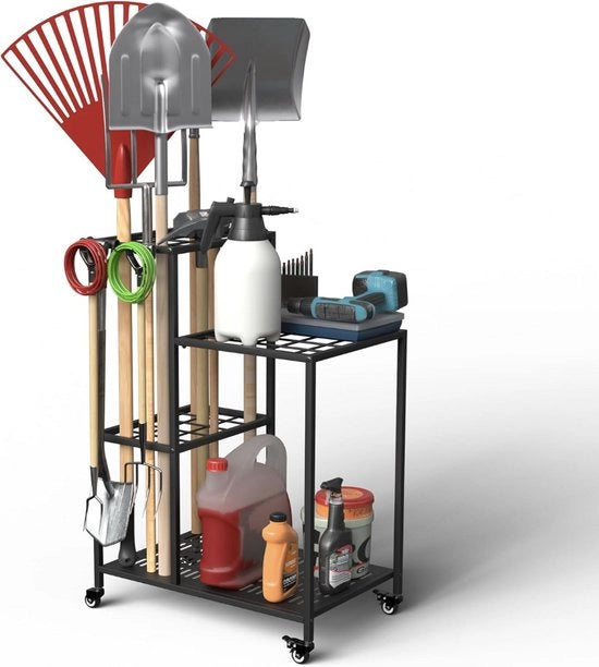Organizzatore di attrezzi con ruote – Riga di stoccaggio per 40 strumenti – Supporto per attrezzi in acciaio per garage e fienile – Multifunzionale