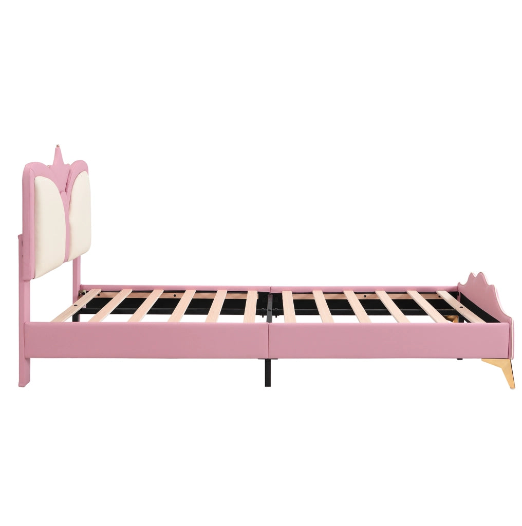 Letto imbottito 90x200 cm con testiera a corona in PU rosa e bianco