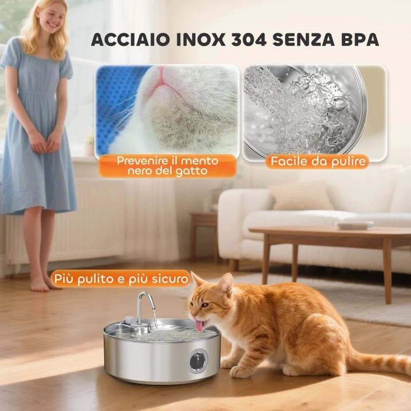 FONTANELLA PER GATTO 7L CON LUCE LED E TRIPLA FILTRAZIONE, IN ACCIAIO INOX 304, 30.5X31.2X19.3 CM, ARGENTO