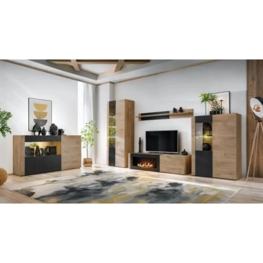 Salone completo DOUM – Buffet basso, vetrina, mobile TV con camino bio-etanolo, buffet alto e scaffale a muro – Rovere chiaro e nero