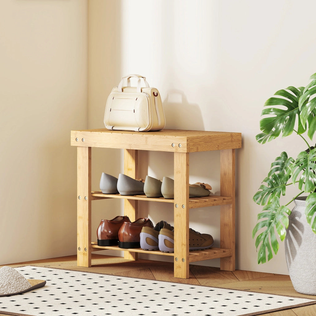 Panca Scarpiera in Bamb¨´ con 2 Ripiani ¨C zephmum ¨C Naturale 50x28x45cm