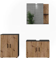 Set di mobili da bagno Irma, Antracite/Artisan, 80 cm, composto da mobile sottolavabo, specchiera e mobile medio