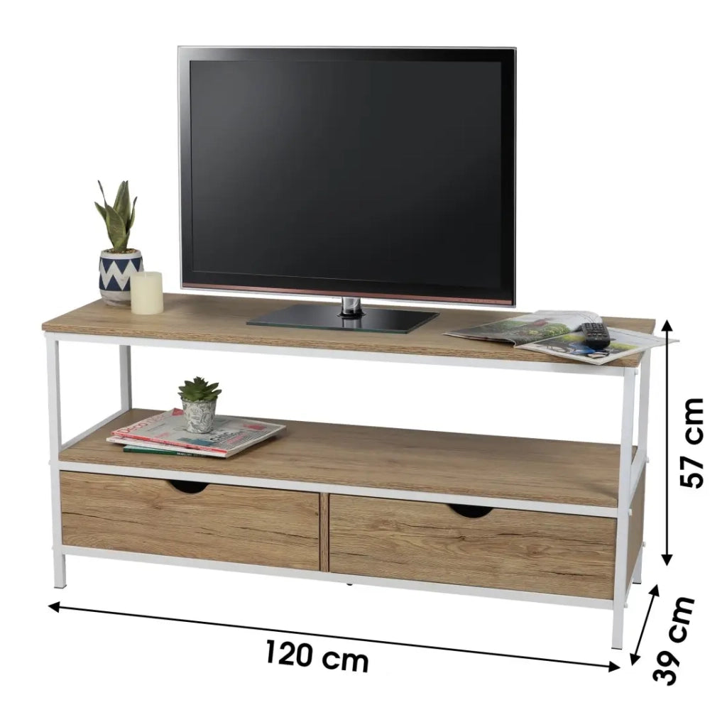 Mobile porta TV in stile classico con 2 cassetti collezione PUEBLO - Colori rovere chiaro & bianco, dimensioni 120x39x57 cm