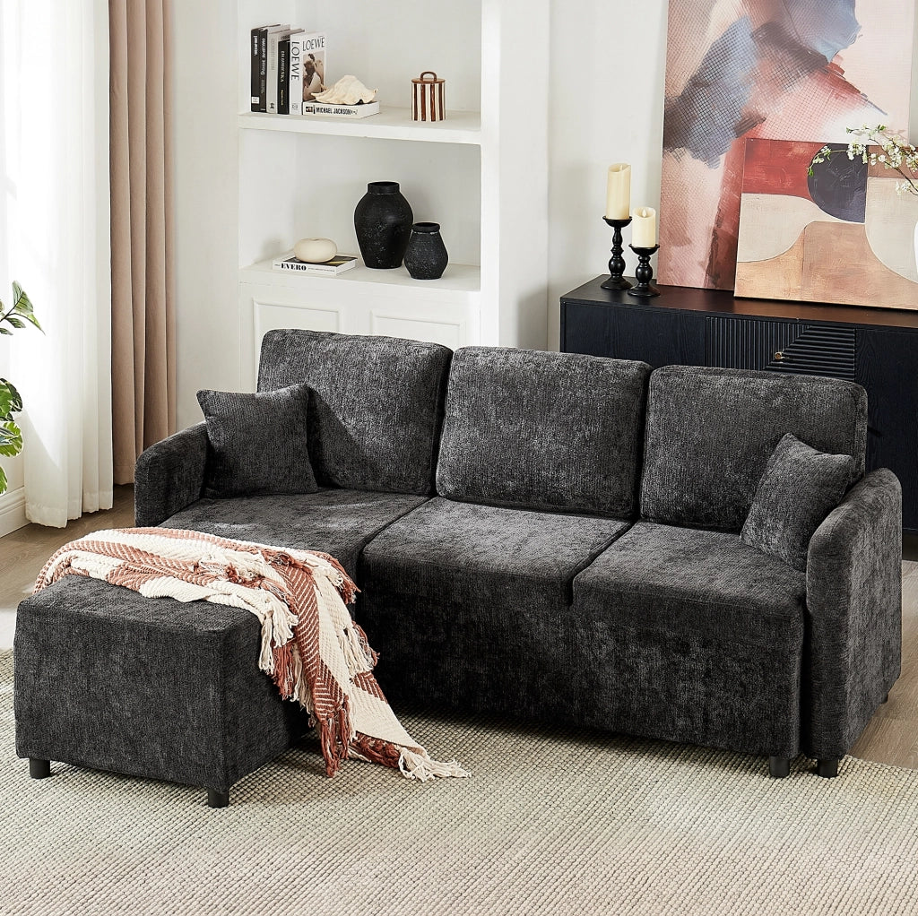 Divano angolare 3 posti nero in ciniglia con chaise longue, 2 cuscini