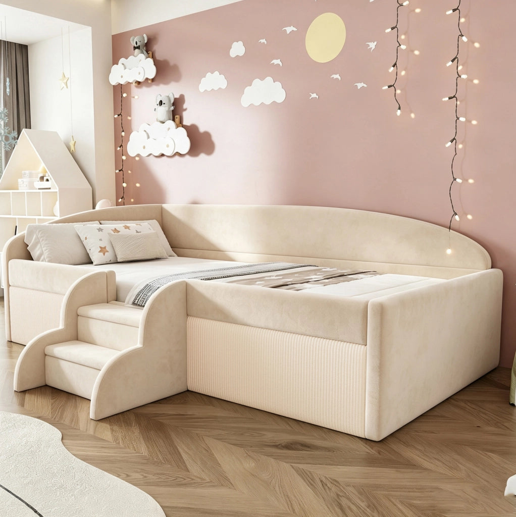 Letto imbottito bambini 90x190 cm con gradini e sponde in velluto beige