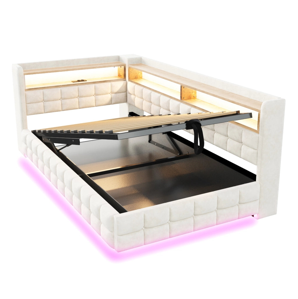 Divano letto imbottito 90x200 cm con contenitore idraulico; LED e prese USB-C; beige