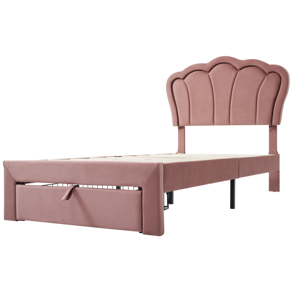 Letto singolo 90x200 cm in velluto rosa con LED RGB, cassetto e testiera regolabile
