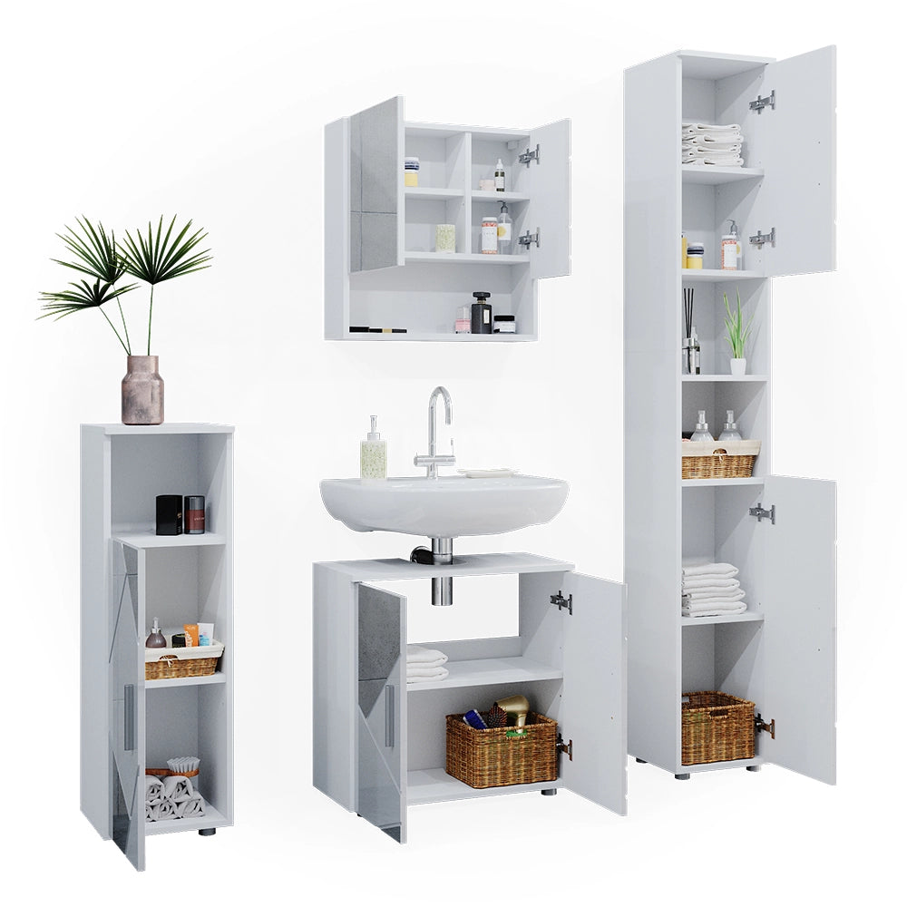 Vicco Set mobili bagno Bianco lucido con inserti 4 parti, con armadio alto