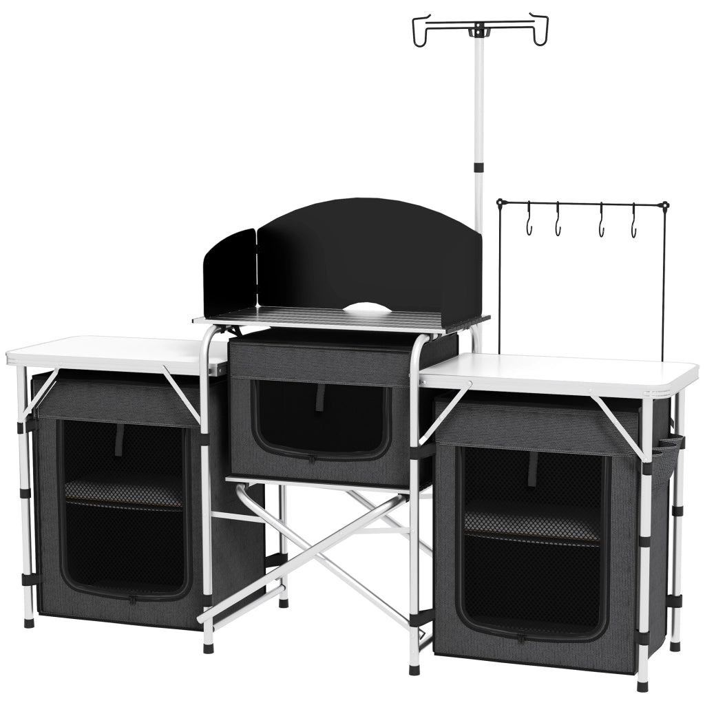 Cucina da Campeggio Pieghevole a 3 Piani con 5 Ripiani Interni e 4 Ganci, 172x48x130 cm, Nero