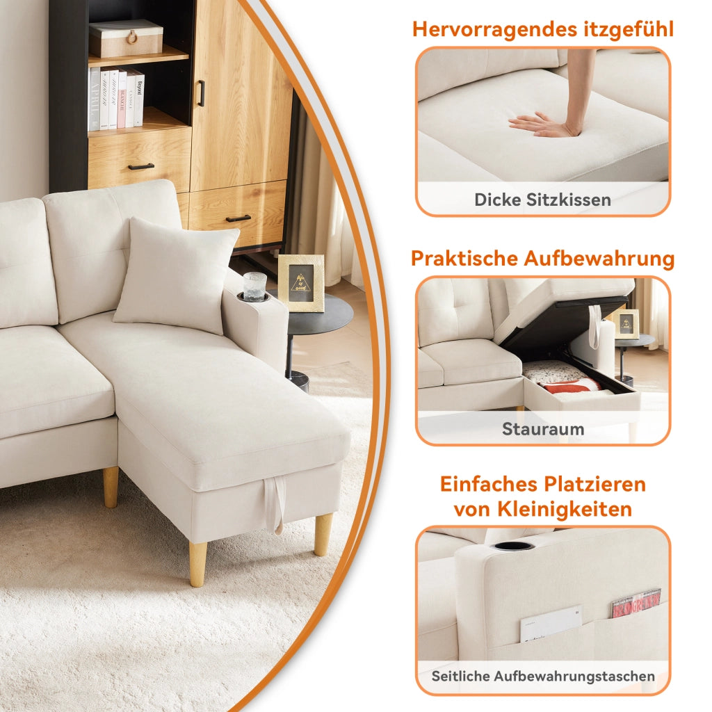 DIVANO ANGOLARE L175 x P129 x H90 cm Beige in cotone e lino con 2 cuscini