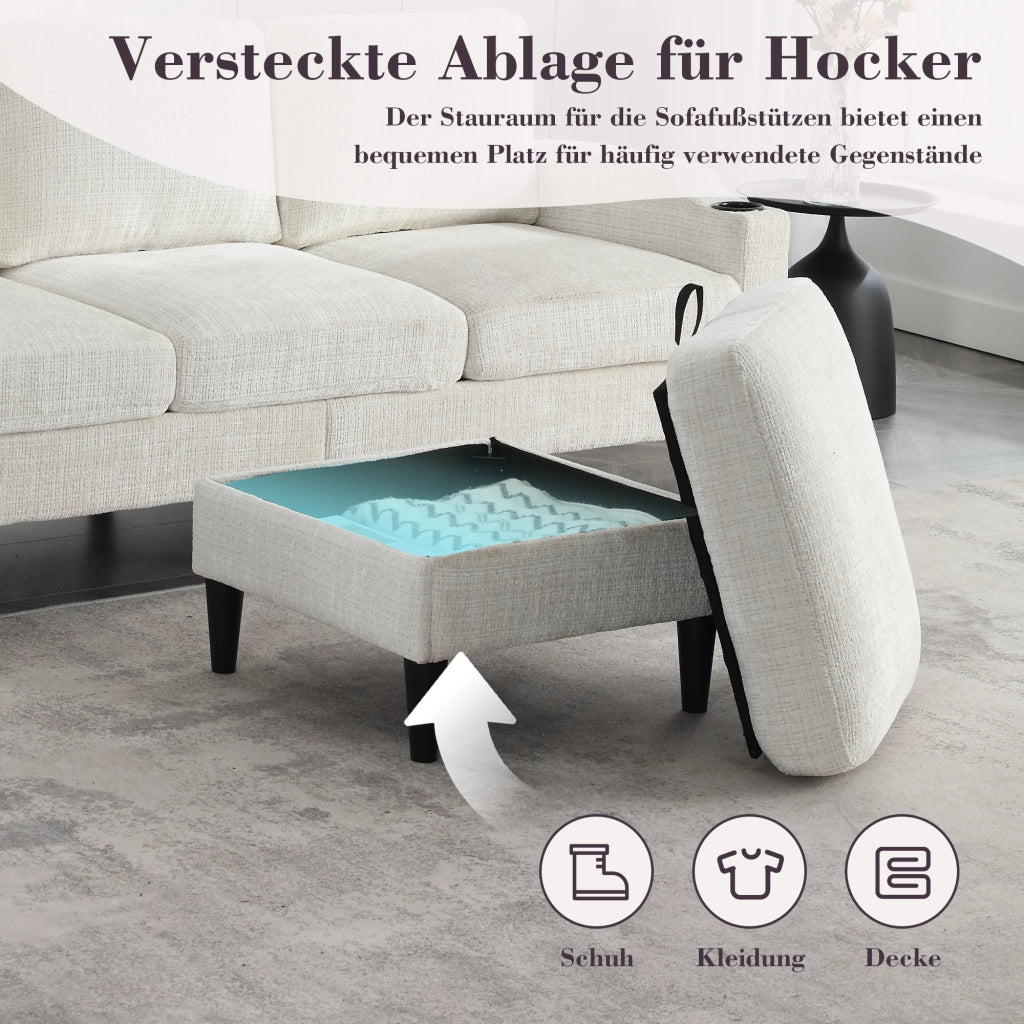 Divano 4 Posti con Pouf Contenitore; Portabicchieri e Tasche Laterali; in Ciniglia Beige; 196;5 × 75 × 77 cm