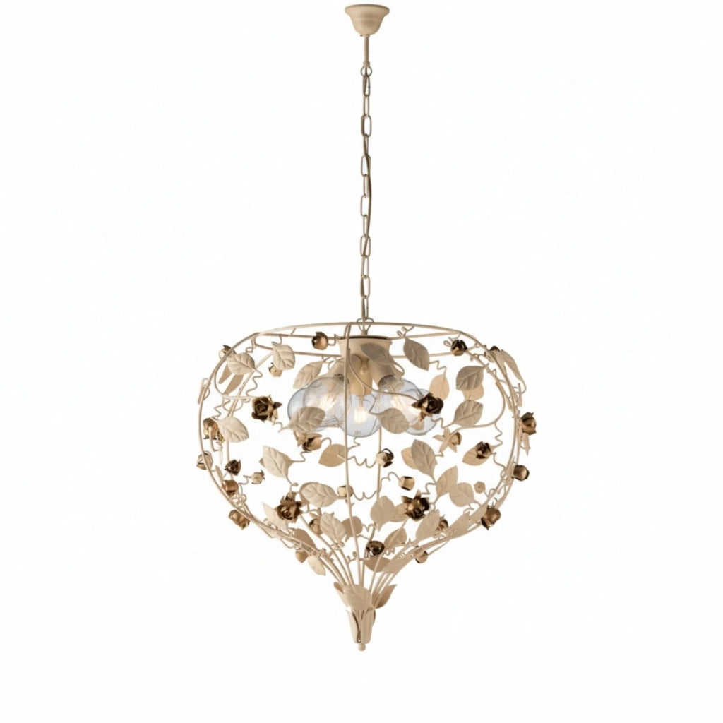 Lampadario Shabby Chic Bella Metallo Avorio Oro 5 Luci E27