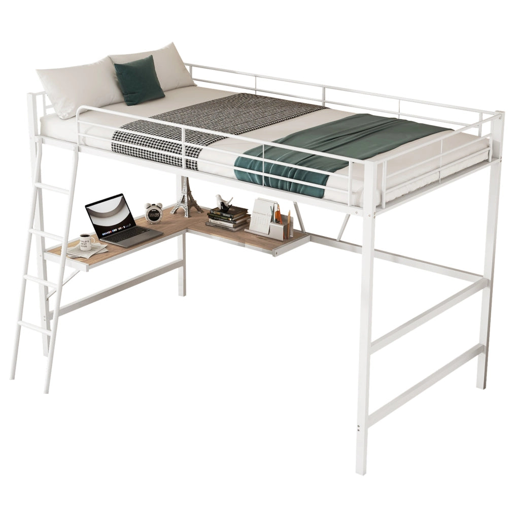 Letto a soppalco 90x200 cm con scrivania a L e ripiano in metallo e MDF; bianco