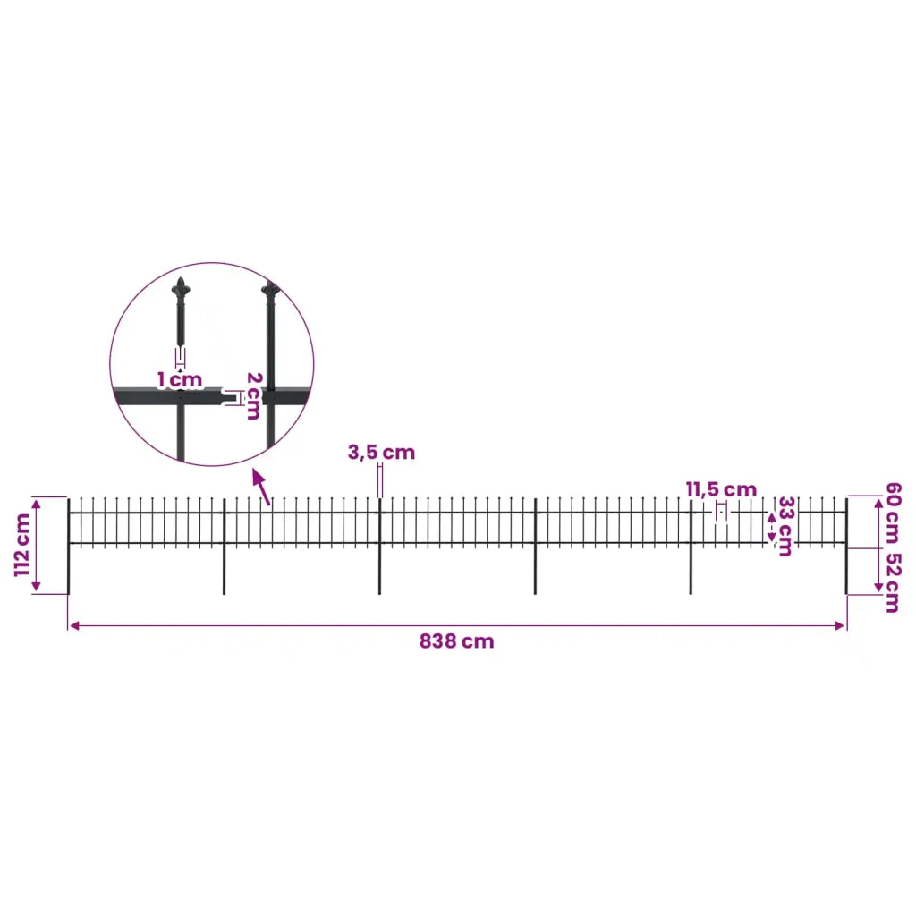 Recinzione da Giardino con Punta a Lancia in Acciaio 838x60 cm Nero 277597