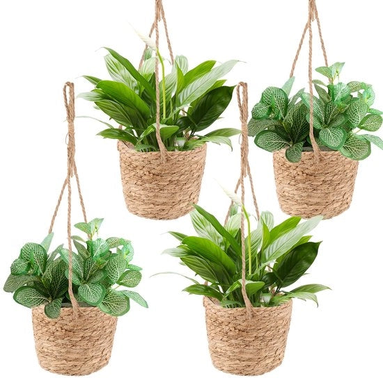 Pacchetto di 4 vasi da fiore appesi, vaso da piante in stile alghe, cesto da piante appeso, cesto da fiori a mano lavorato con corda di sospensione per piante grasse, cactus, erbe in casa e all'aperto
