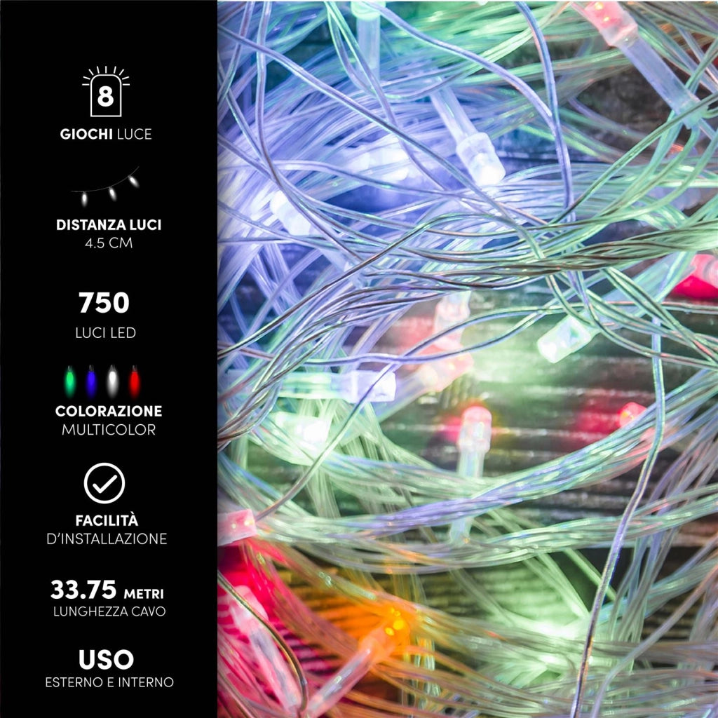 HIGH-TECH MINILUCCIOLE CON FILO TRASPARENTE CON 750 LED MULTICOLOR