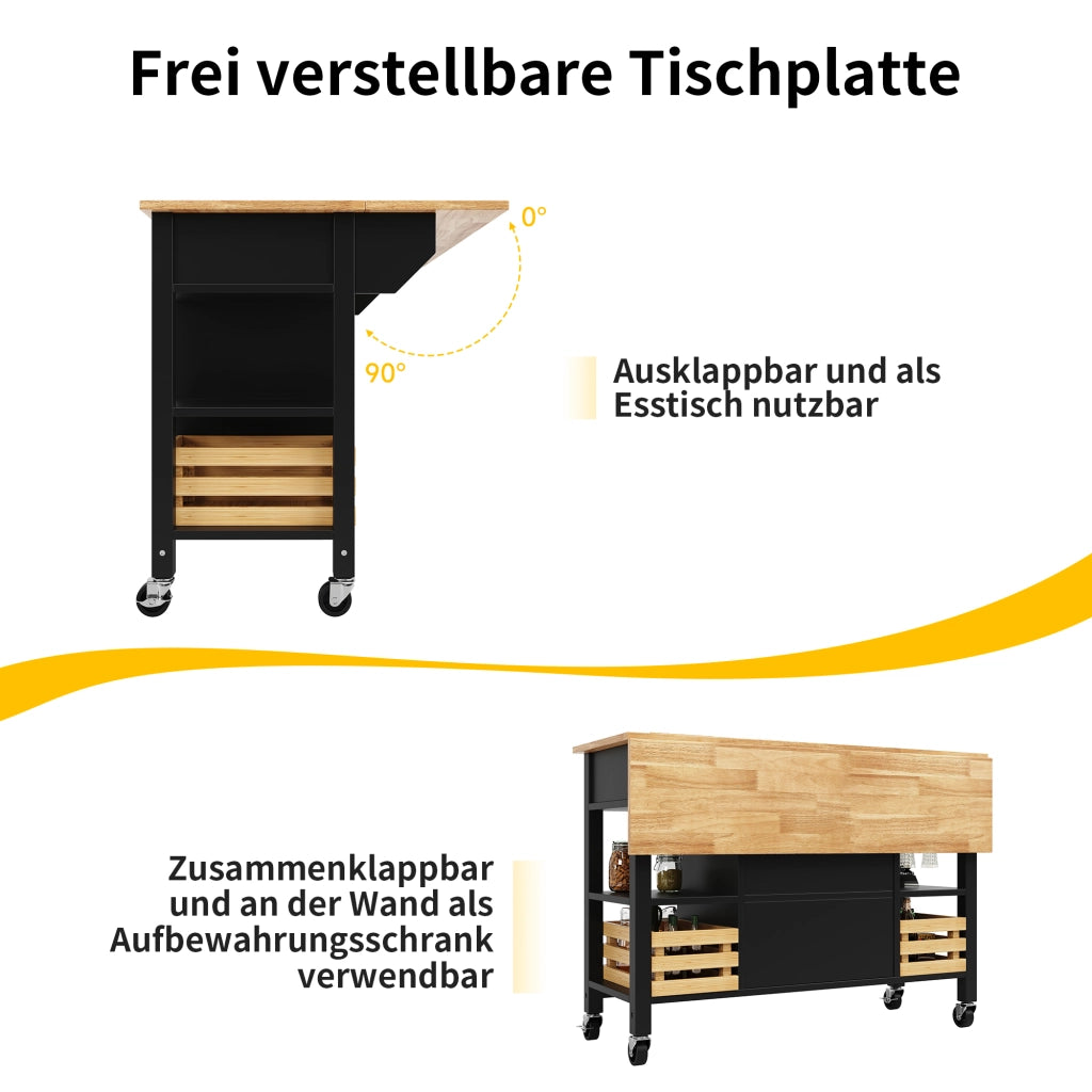 Carrello da Cucina con 1 Cassetto; 1 Anta; Piano Pieghevole e Ruote in MDF 120 x 45 x 90 cm Nero Naturale