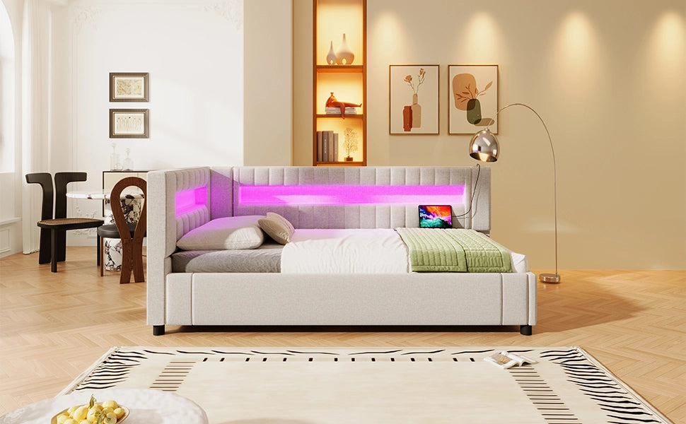DESMIU Lit daybed 90 × 200 cm con vano contenitore idraulico, LED, USB e Type-C, senza materasso, beige