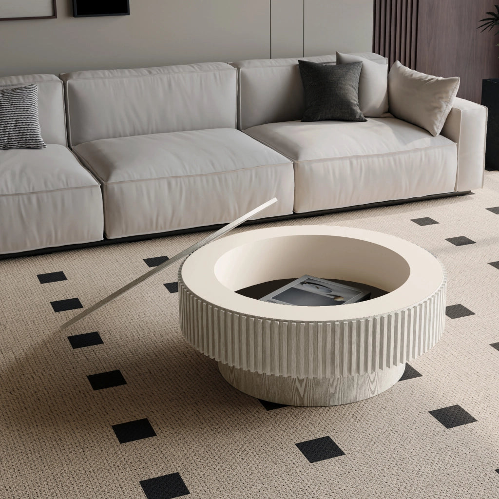 Tavolino basso rotondo con contenitore nascosto e design scanalato, per soggiorno e camera da letto, bianco vintage
