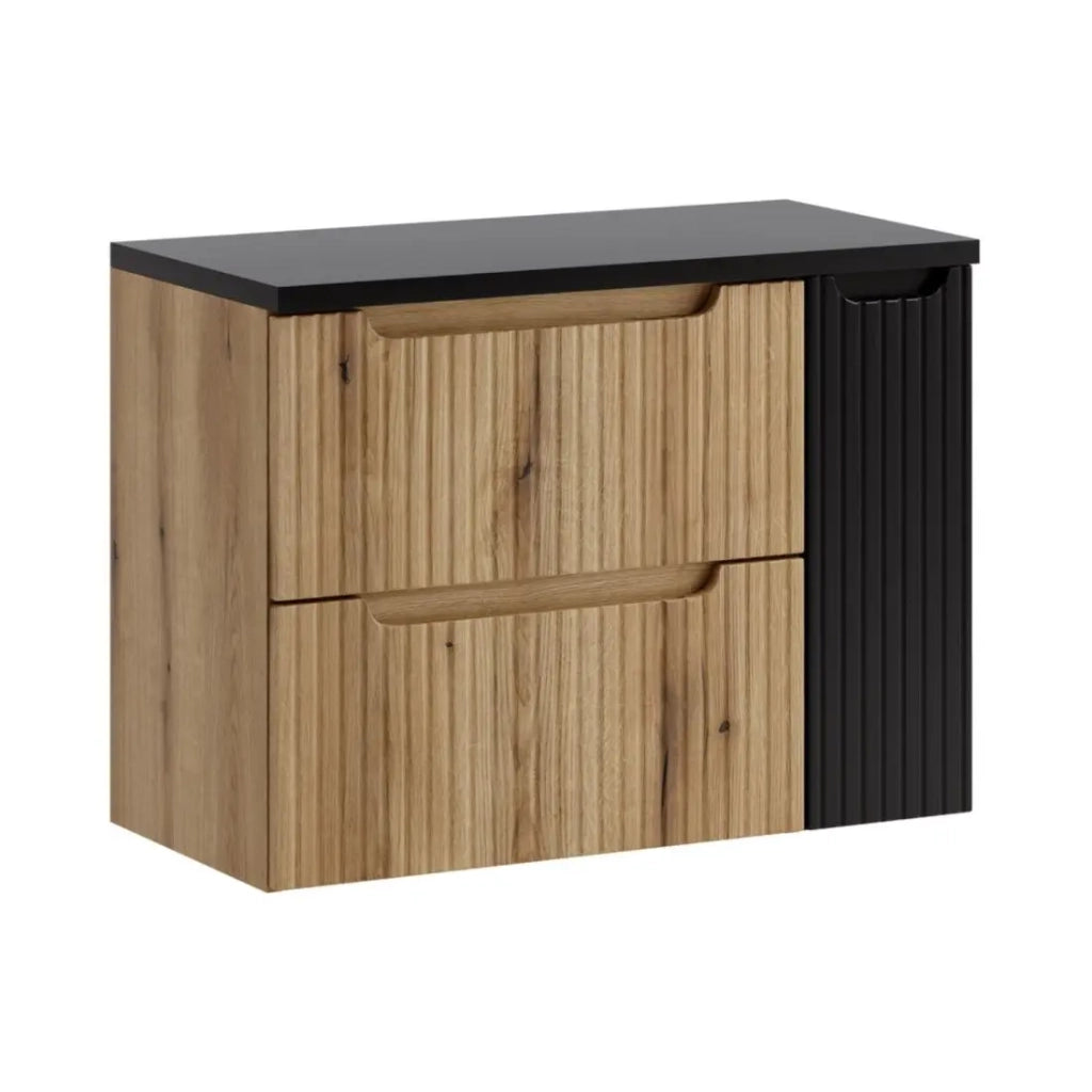 Set da bagno sospeso VANO in rovere chiaro e nero 80cm: mobili sotto lavabo con cassetti e armadietti + piano per lavabo
