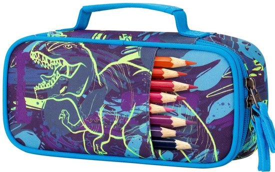 Etui per bambini con contenitori, grande, 23 x 5 x 11,5 cm, blu dinosauro