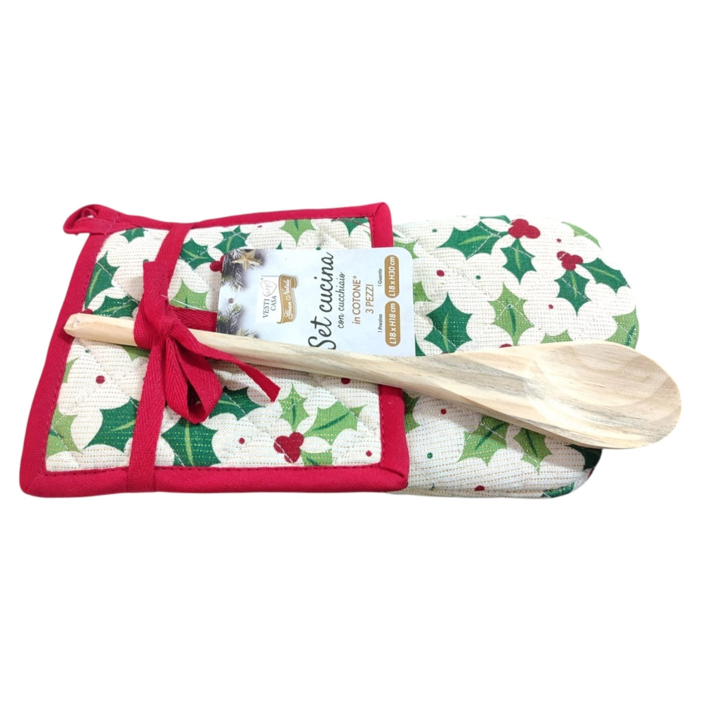 SET CUCINA CON CUCCHIAIO IN COTONE 3 PEZZI