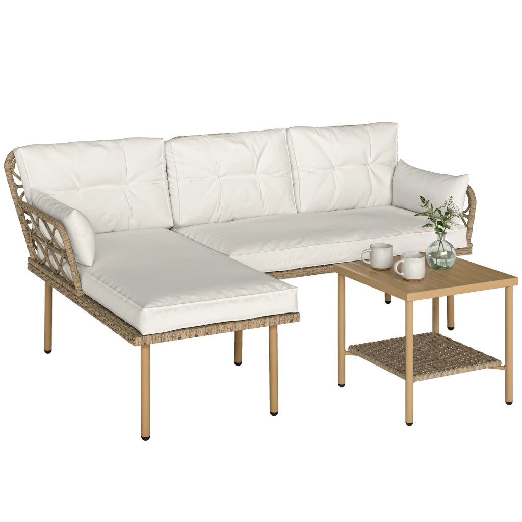 Set Giardino 3 Pezzi con Chaise Longue, Divanetto, Tavolino e Cuscini ¨C zephmum ¨C Rattan, Acciaio, Bianco Crema e Legno