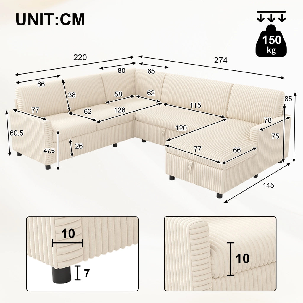 Divano a U con letto estraibile e vano contenitore in tessuto a coste beige 274 × 220 × 85 cm