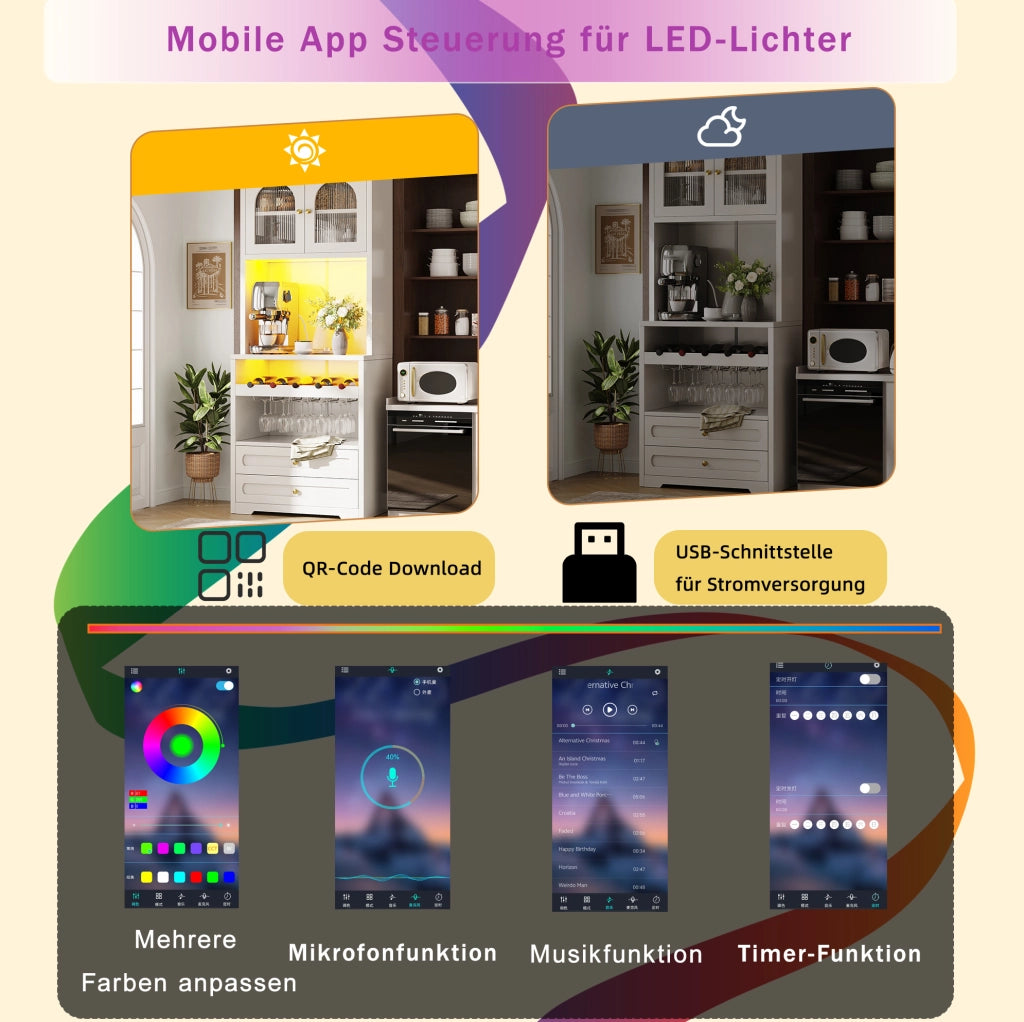 Mobile alto da cucina con LED smart, portabottiglie e USB