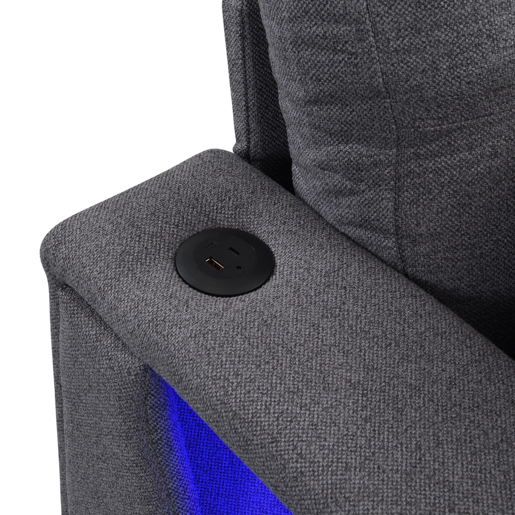 Divano modulare 4 posti con pouf contenitore, LED e porte USB/USB-C in tessuto di lino grigio antico