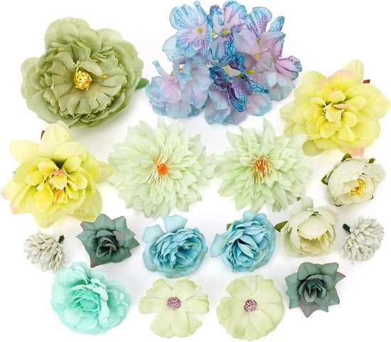 Fiori di plastica per decorazione di casa e giardino (verde) con fiori artificiali di rosa, piova, chrysante e ninfee.