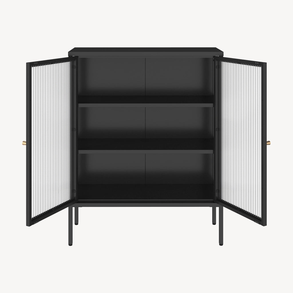 Credenza Vinterhavn in Acciaio Nero con 2 Ante in Vetro Scanalato 100x80x30 cm [en.casa]